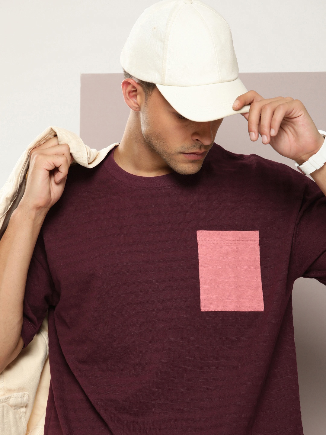 

DILLINGER Men Jacquard Structure Self Design Oversized T-shirt, Purple