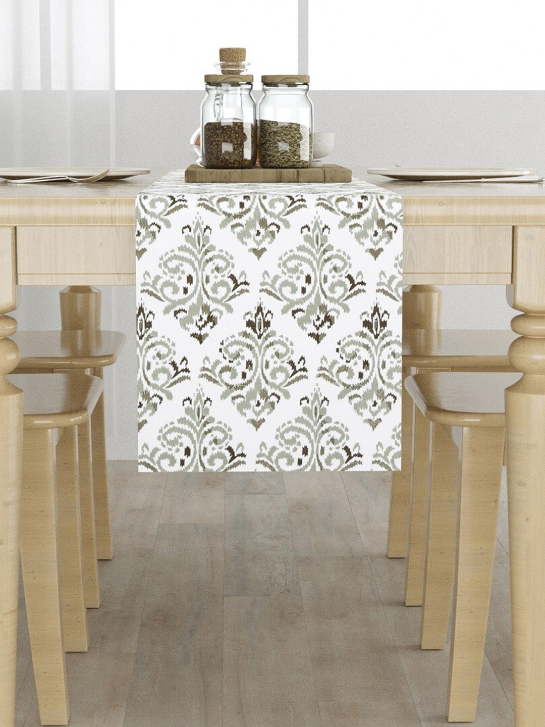 

HOMEMONDE White & Grey Printed Cotton 6-Seater Table Runner