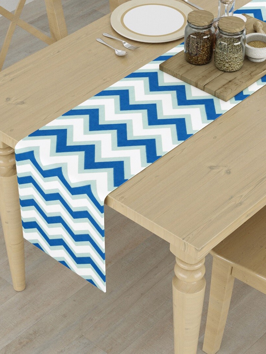 

HOMEMONDE Blue & White Chevron Printed Pure Cotton 4-Seater Runner
