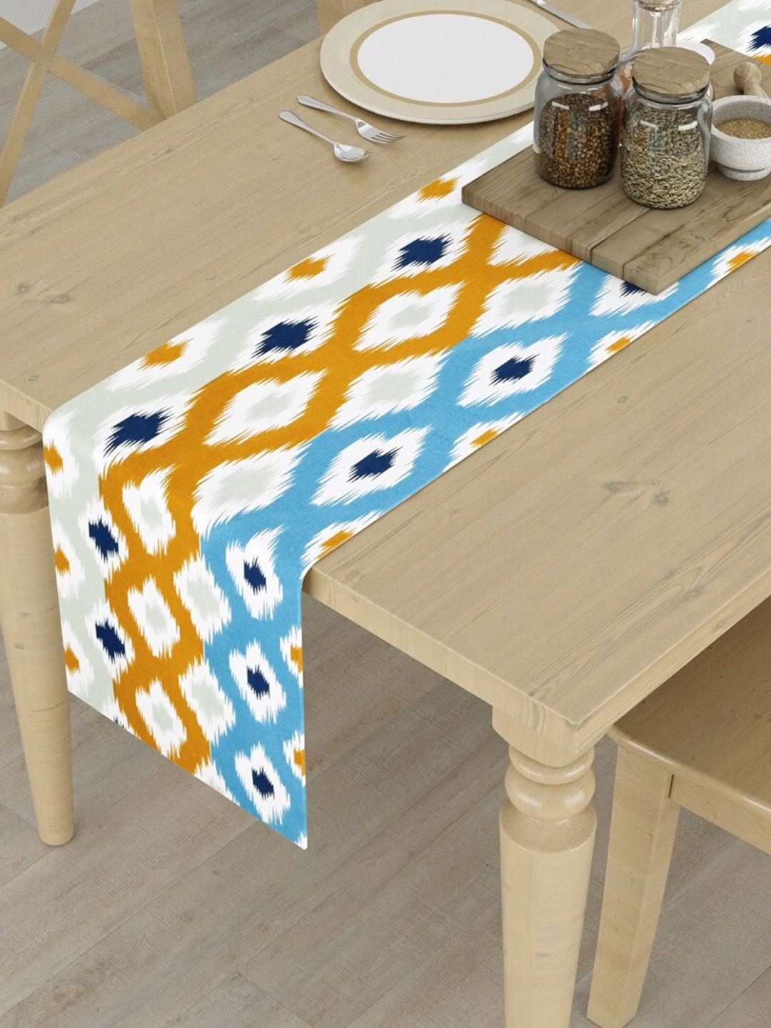 HOMEMONDE Blue & White Printed Pure Cotton 4-Seater Table Runner