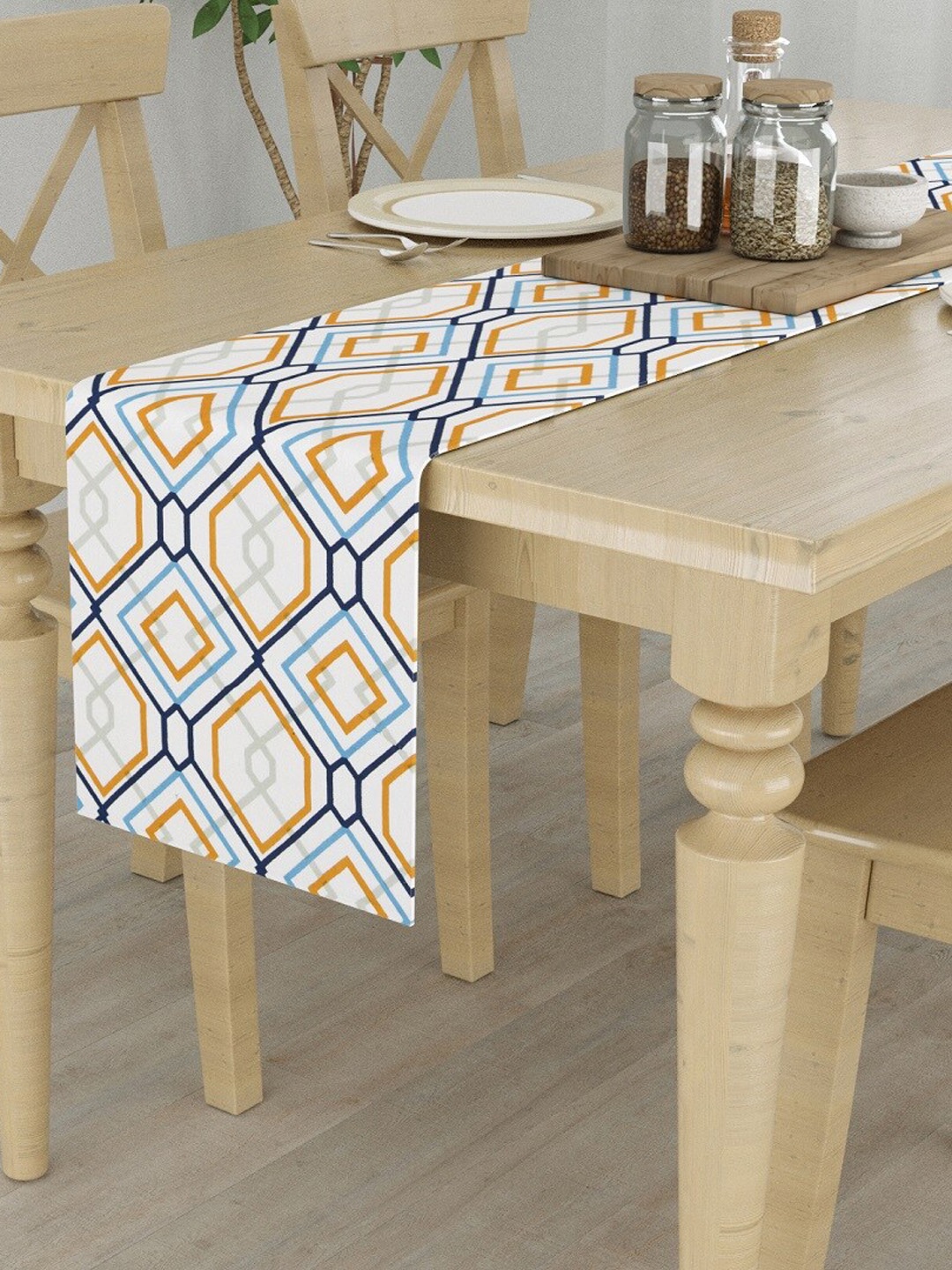 

HOMEMONDE Blue & White Printed Pure Cotton 4-Seater Table Runner, Multi