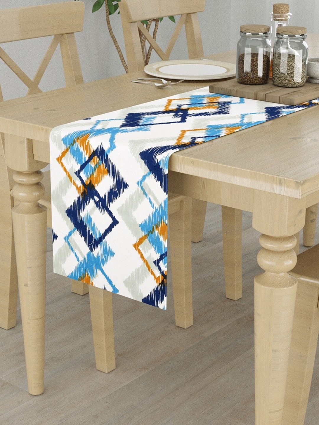 

HOMEMONDE White & Blue Printed Pure Cotton 4-Seater Table Runner