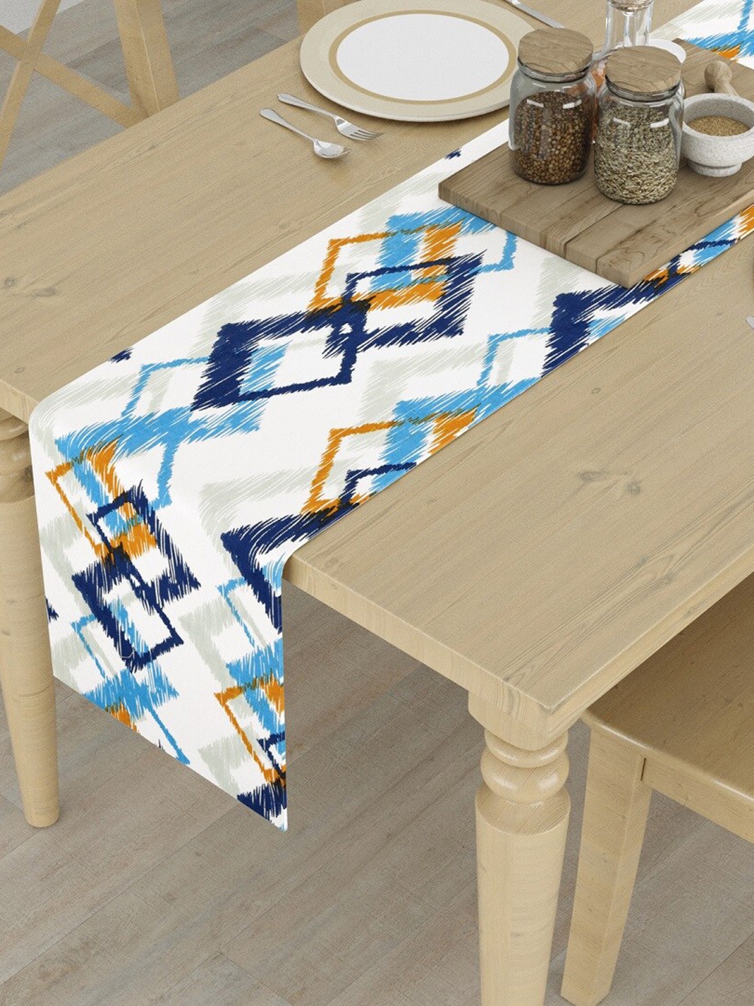 

HOMEMONDE White & Blue Printed Pure Cotton6-Seater Table Runners