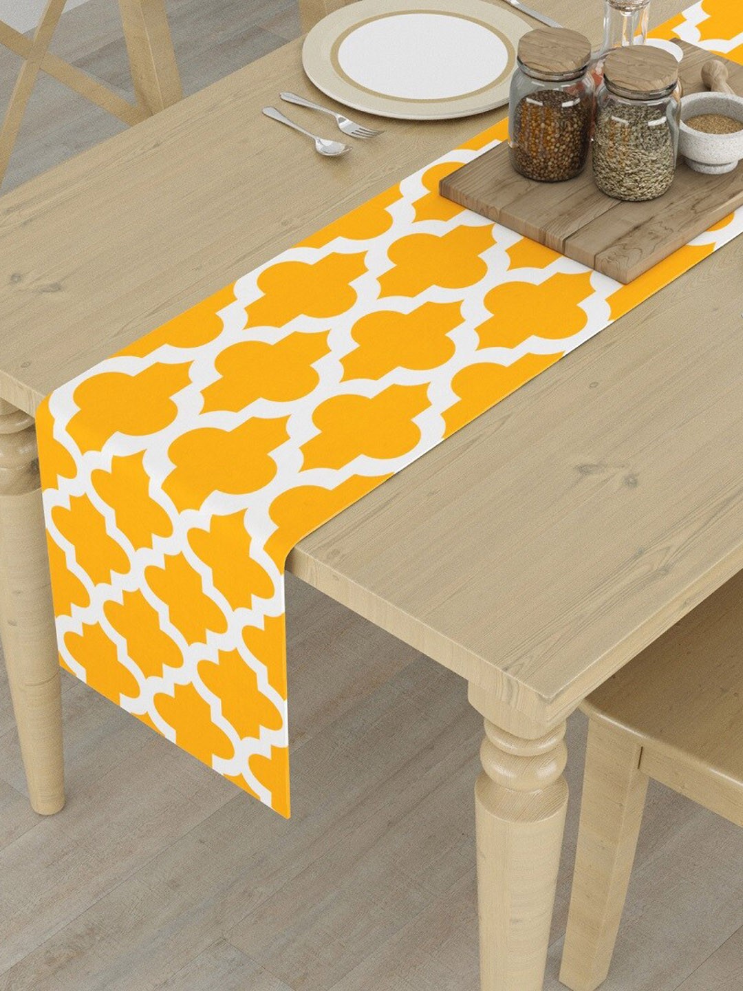 

HOMEMONDE Yellow & White Printed Pure Cotton 6-Seater Table Runner