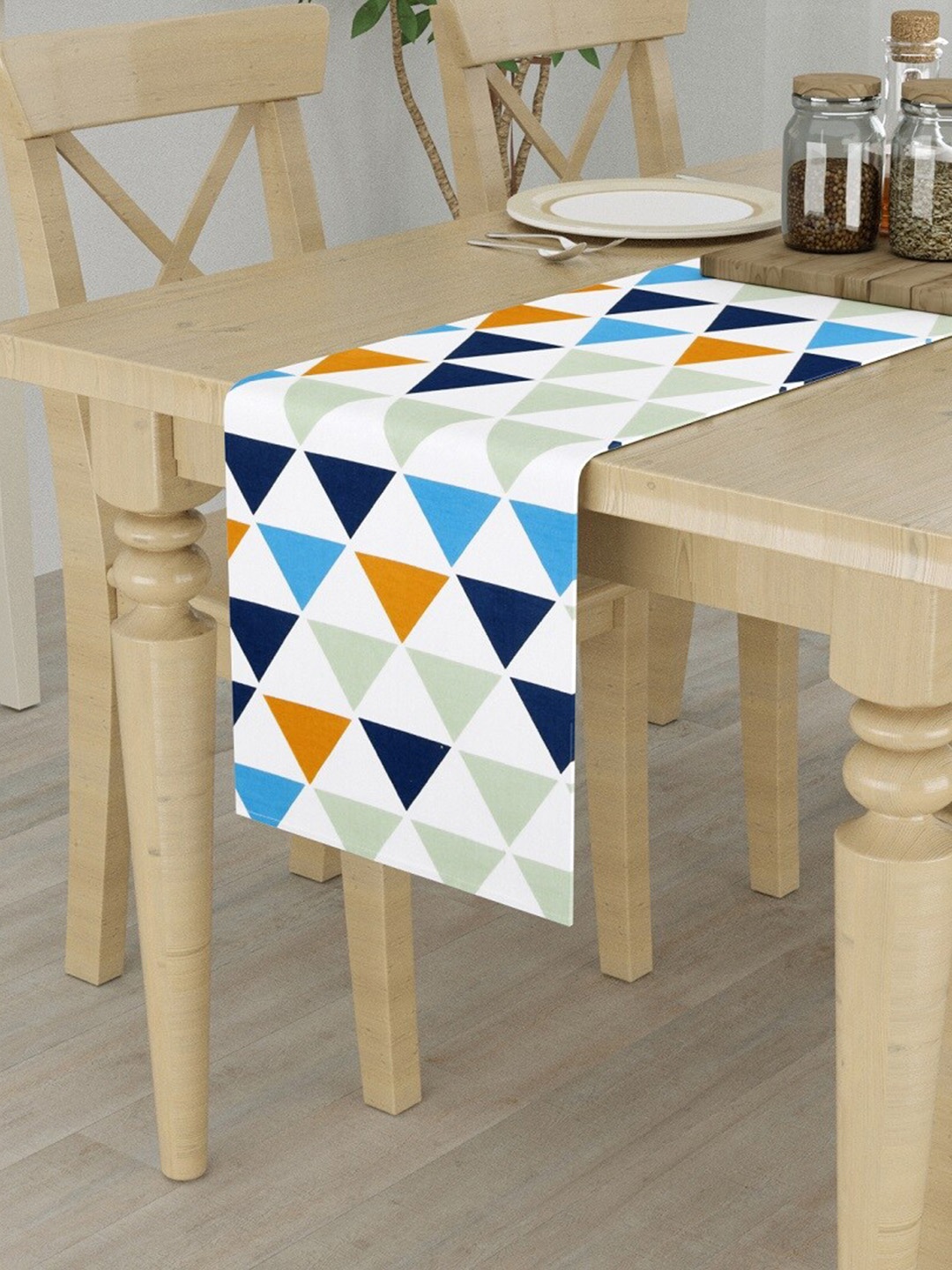 

HOMEMONDE White & Blue Printed Pure Cotton 6-seater Table Runner