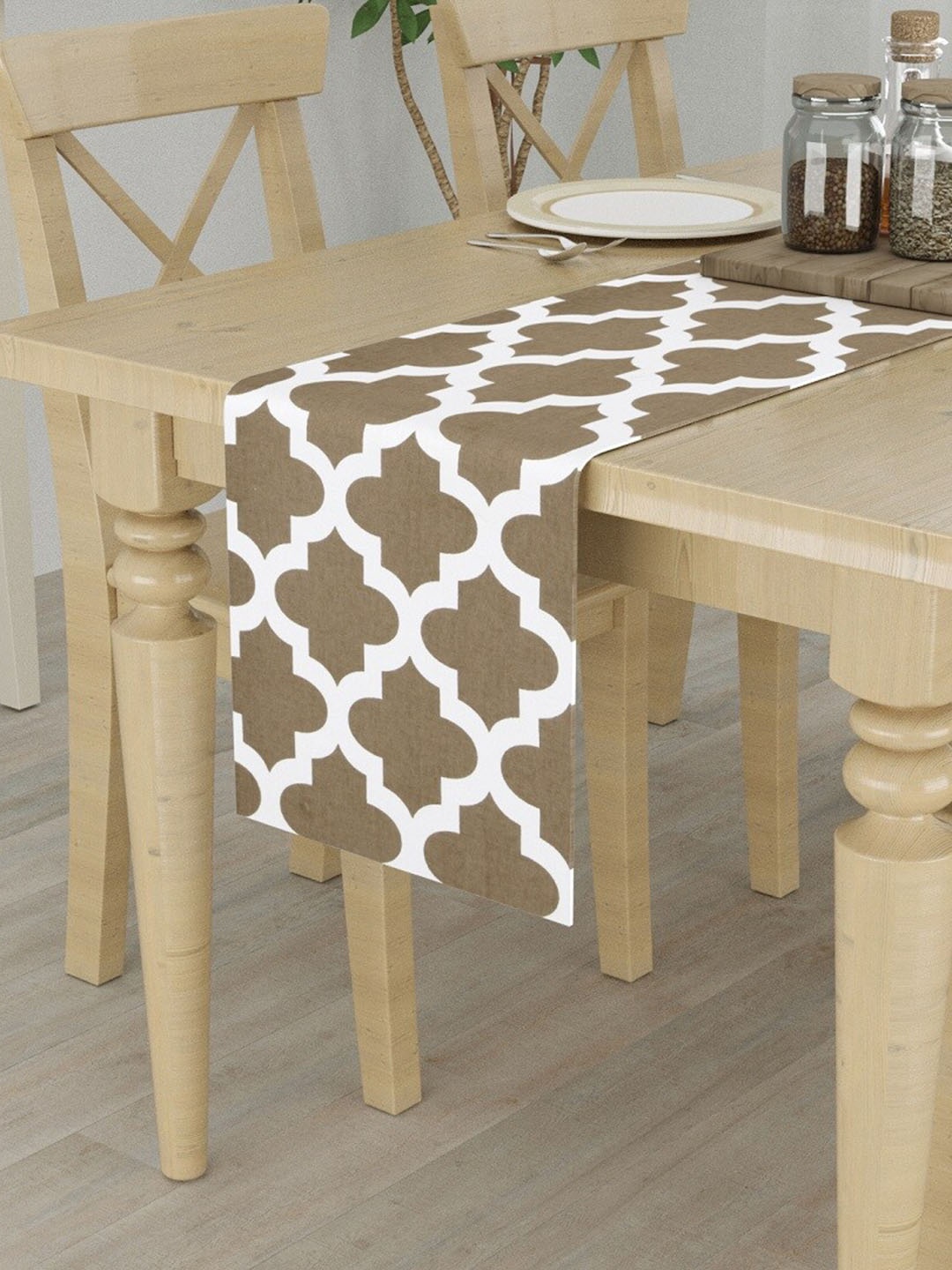 

HOMEMONDE Grey & White Printed Pure Cotton 4-Seater Table Runner