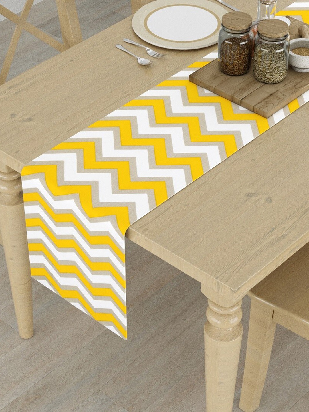 

HOMEMONDE Yellow & White Printed Pure Cotton 4-Seater table Runner