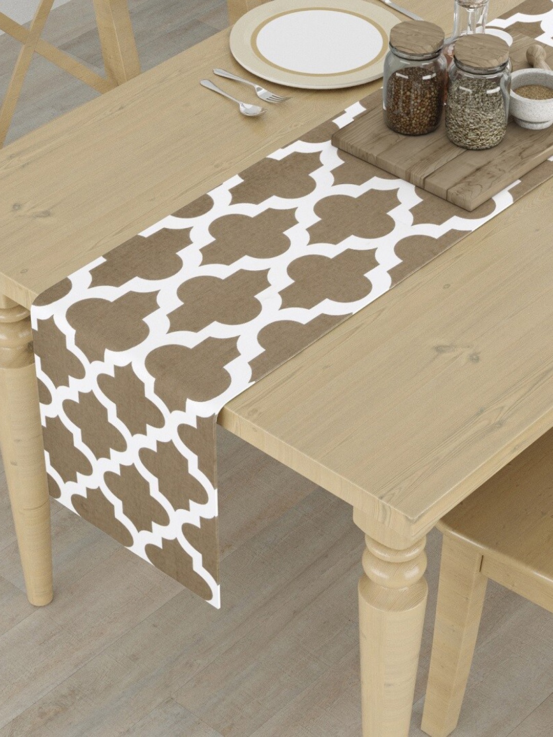 

HOMEMONDE Grey & White Printed Pure Cotton 6-Seater Table Runner