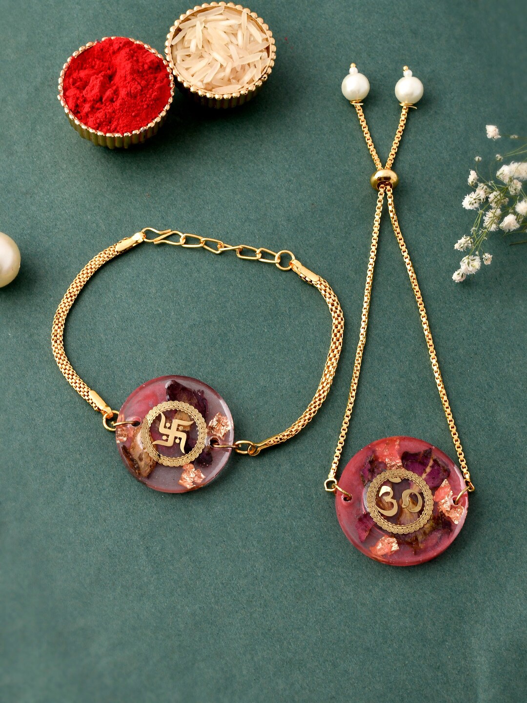 

Aapno Rajasthan Set Of 2 Bhaiya Bhabhi Rakhi With Greeting Card & Roli Chawal, Gold
