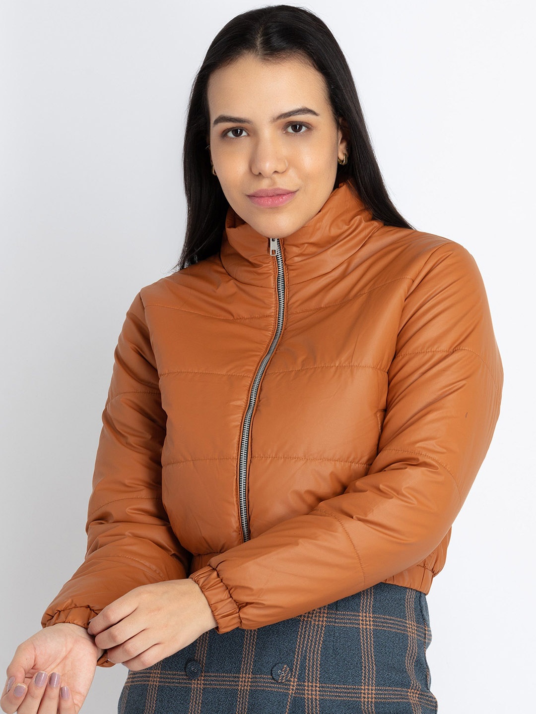 

Status Quo Stand Collar Crop Puffer Jacket, Tan
