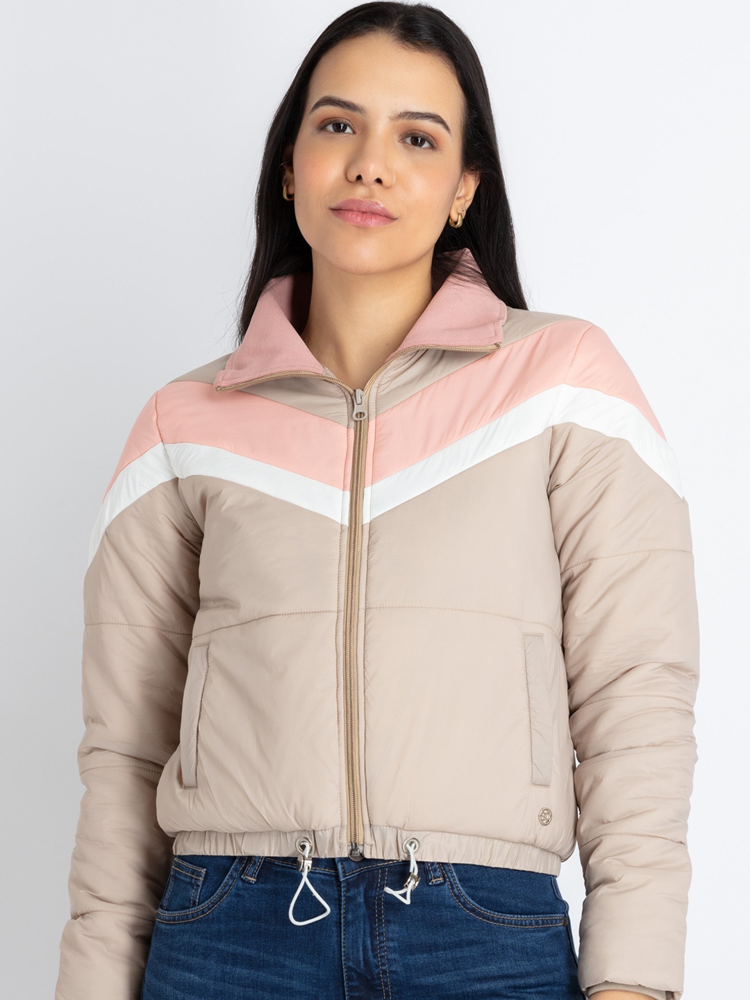 

Status Quo Colourblocked Crop Padded Jacket, Beige