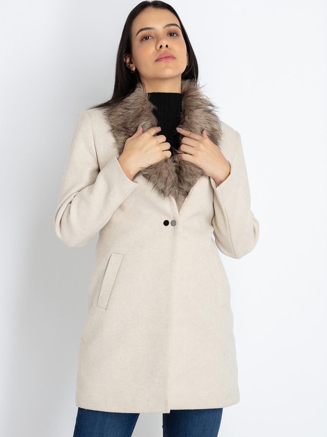 

Status Quo Longline Faux Fur Trim Tailored Jacket, Beige
