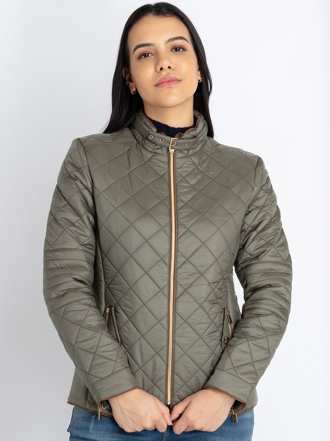

Status Quo Stand Collar Quilted Jacket, Olive