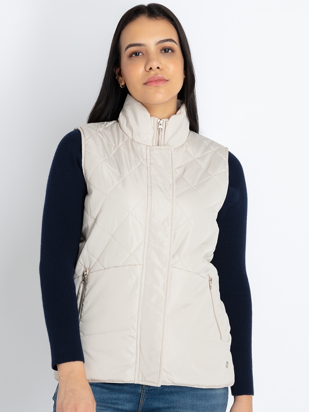 

Status Quo Mock Collar Quilted Jacket, Beige