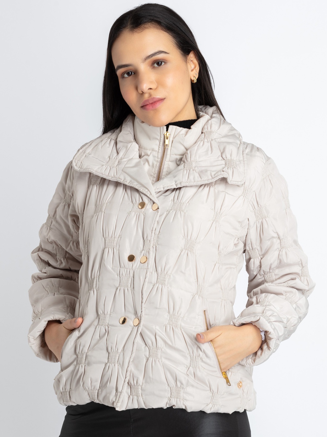 

Status Quo Stand Collar Quilted Jacket, Beige