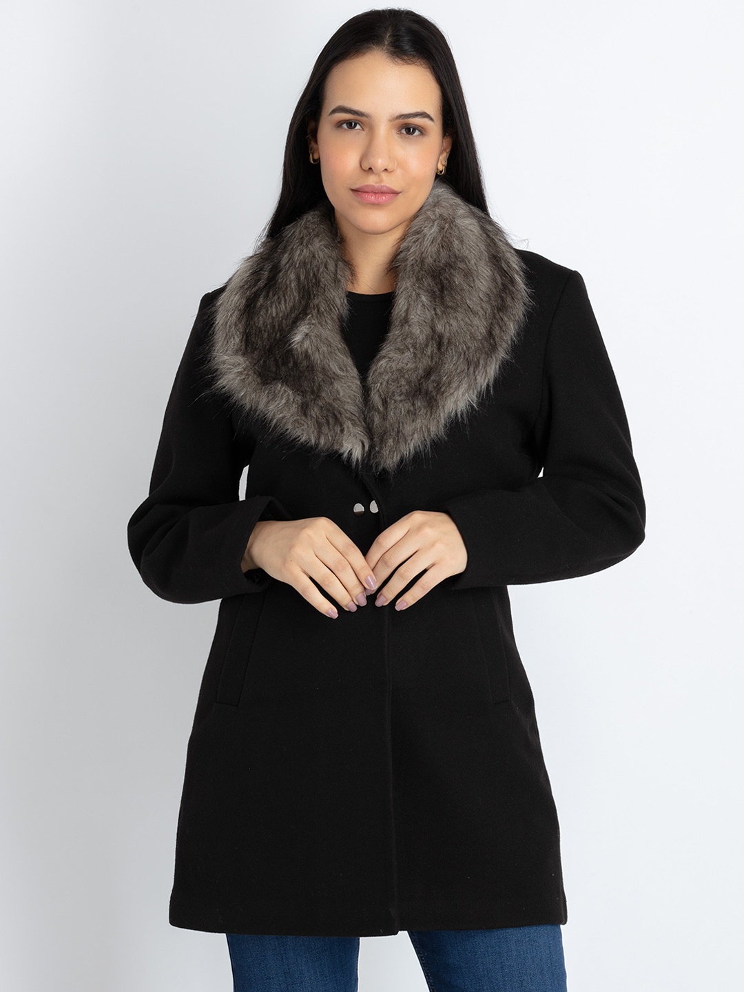 

Status Quo Faux Fur Trim Tailored Jacket, Black