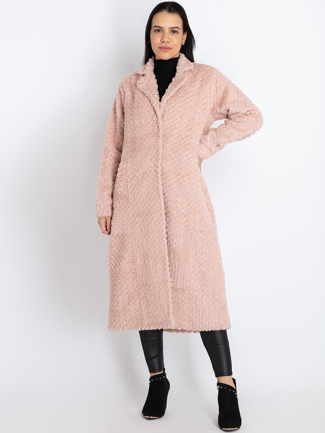 

Status Quo Self Design Faux Fur Trim Longline Overcoat, Pink