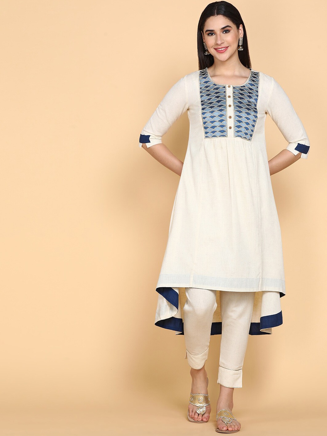 

aturabi Geometric Yoke Design A-Line Kurta With Trousers, Beige