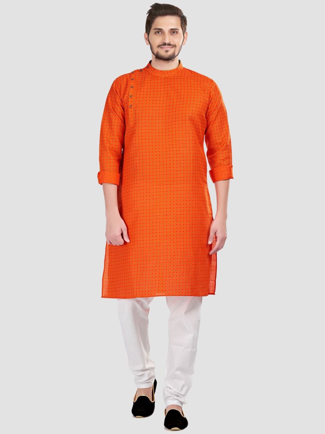

SHIWAM ETHNIX Printed Band Collar Straight Kurta, Orange