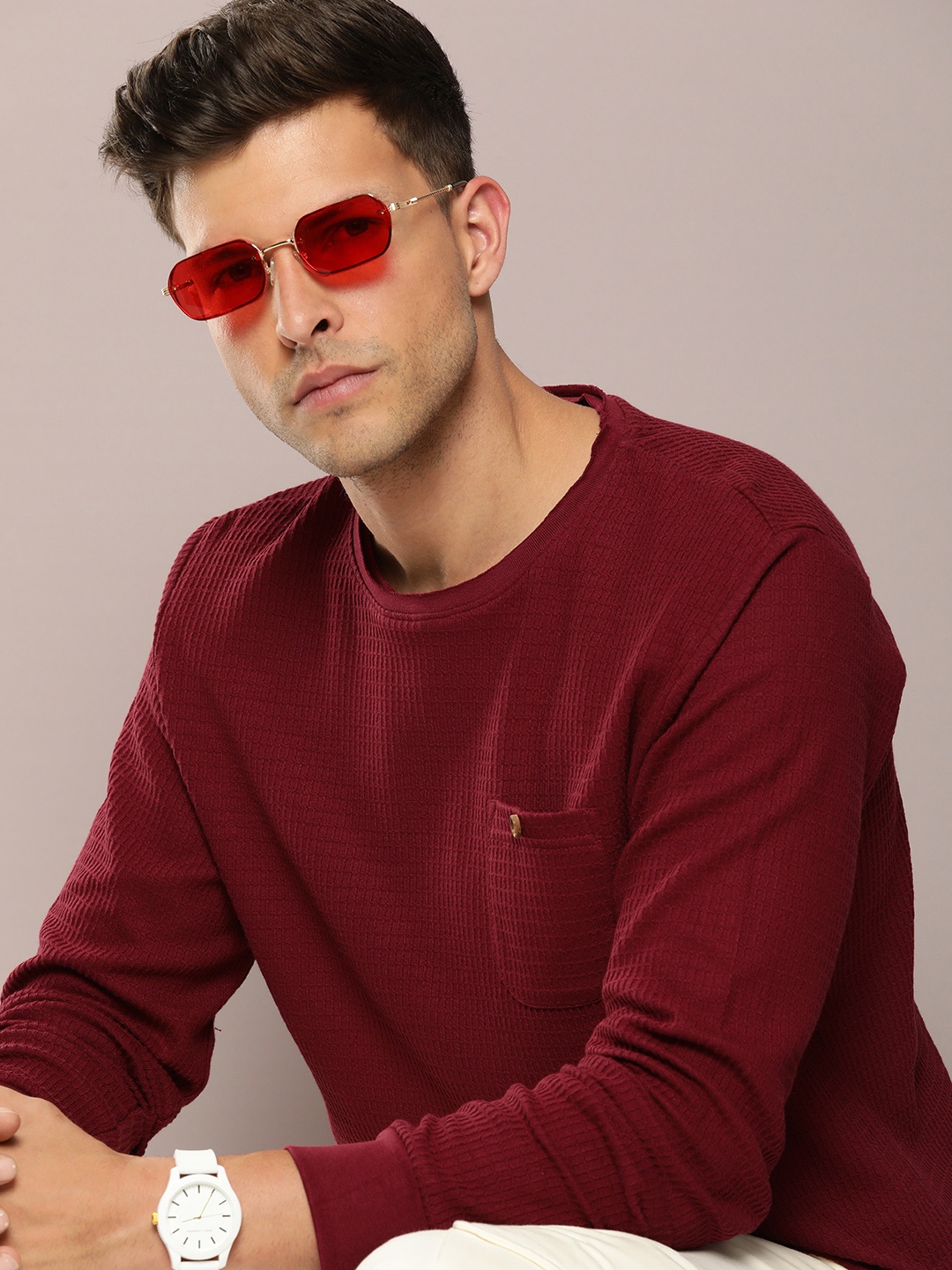 

DILLINGER Men Waffle Structure Self Design Pockets T-shirt, Maroon