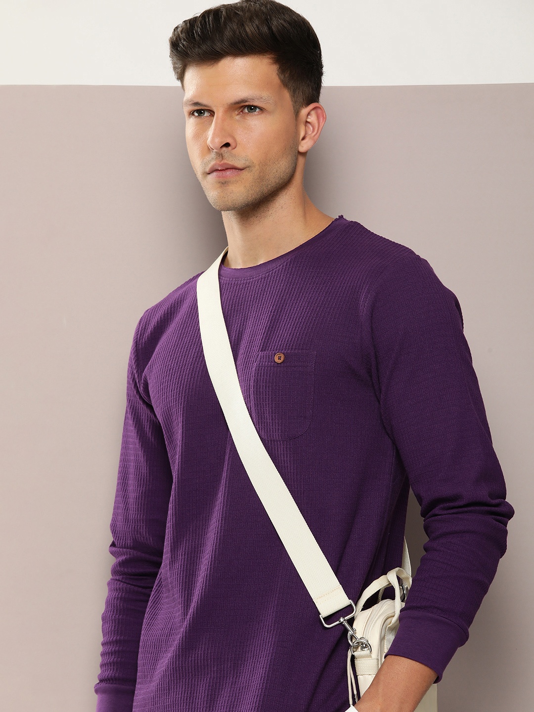 

DILLINGER Men Waffle Structure Self Design Regular Fit T-shirt, Purple