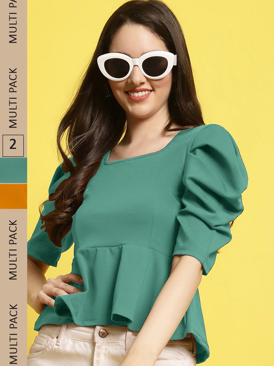 

Fabflee Pack Of 2 Square Neck Puff Sleeves Peplum Top, Green