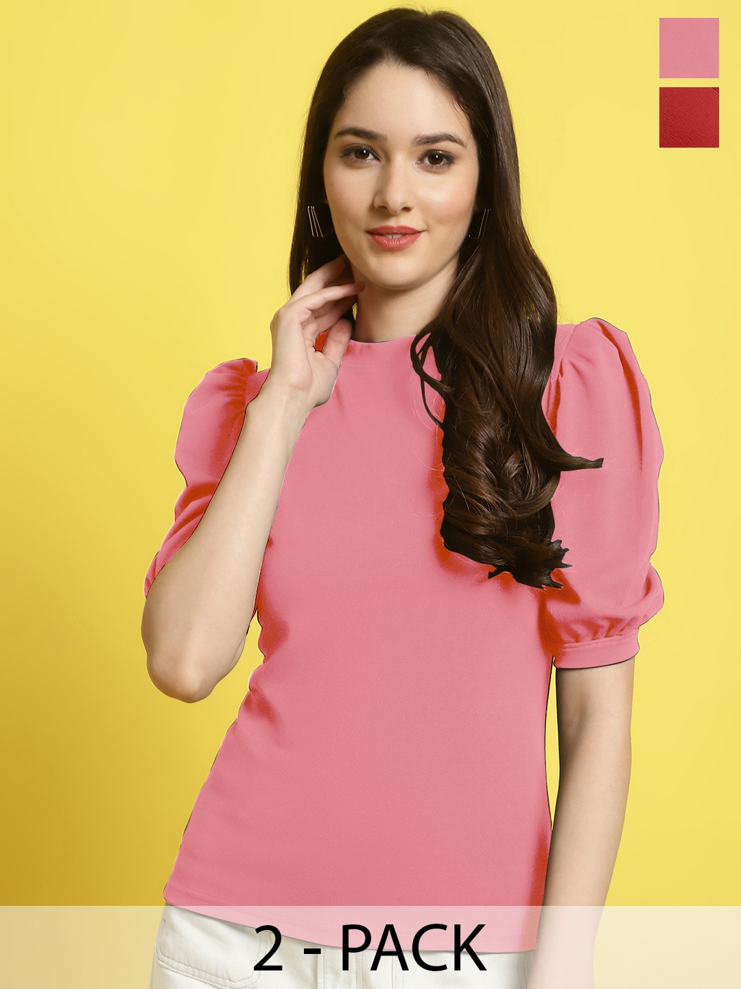 

Fabflee Pack Of 2 Puff Sleeves Tops, Pink