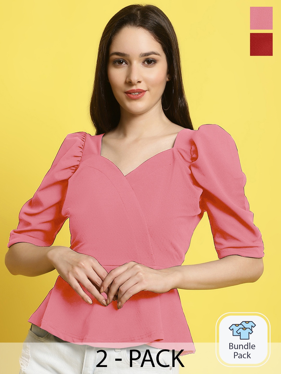 

Fabflee Pack Of 2 Puff Sleeves Peplum Tops, Pink