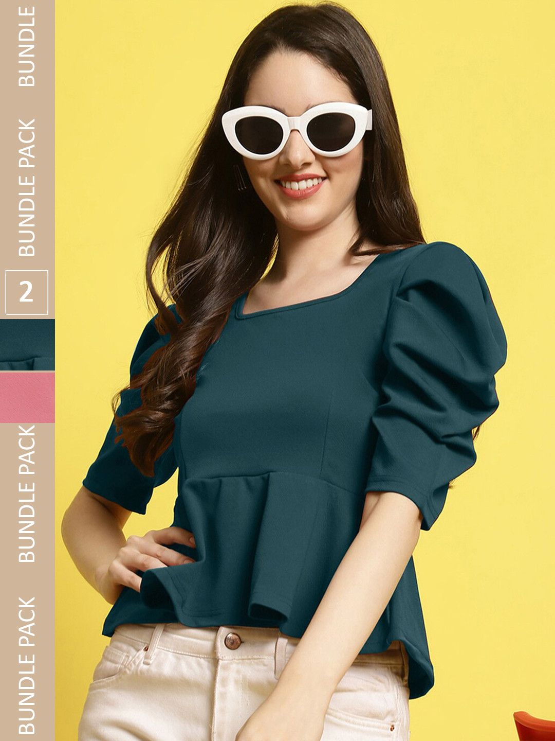 

Fabflee Pack Of 2 Square Neck Puff Sleeves Peplum Top, Multi