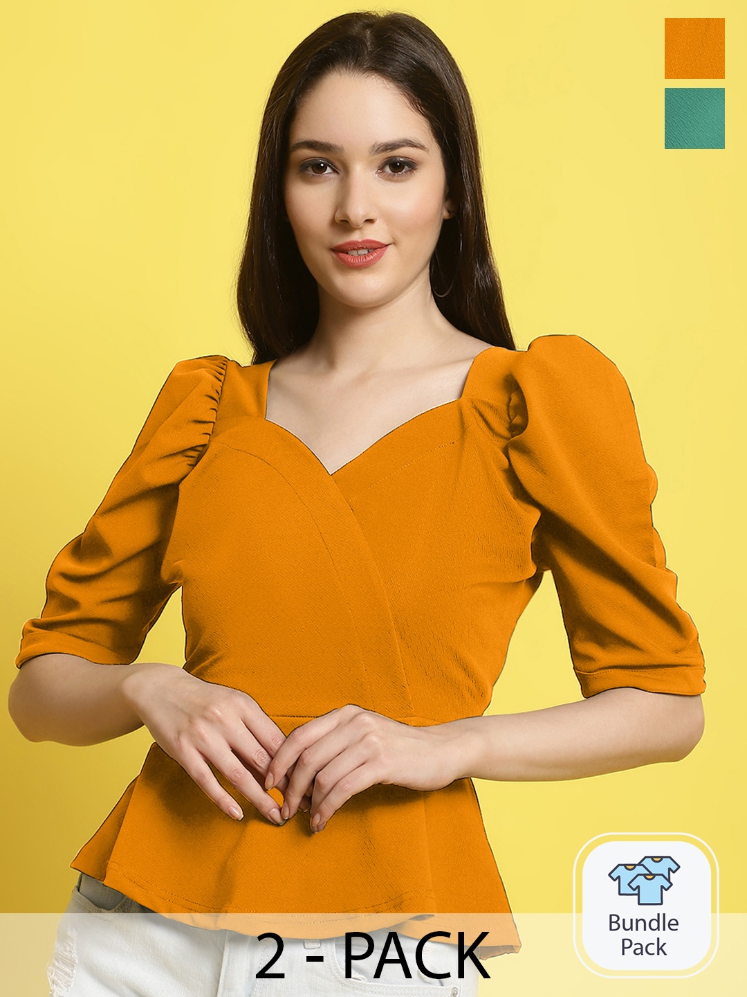 

Fabflee Pack Of 2 Puff Sleeves Peplum Tops, Orange