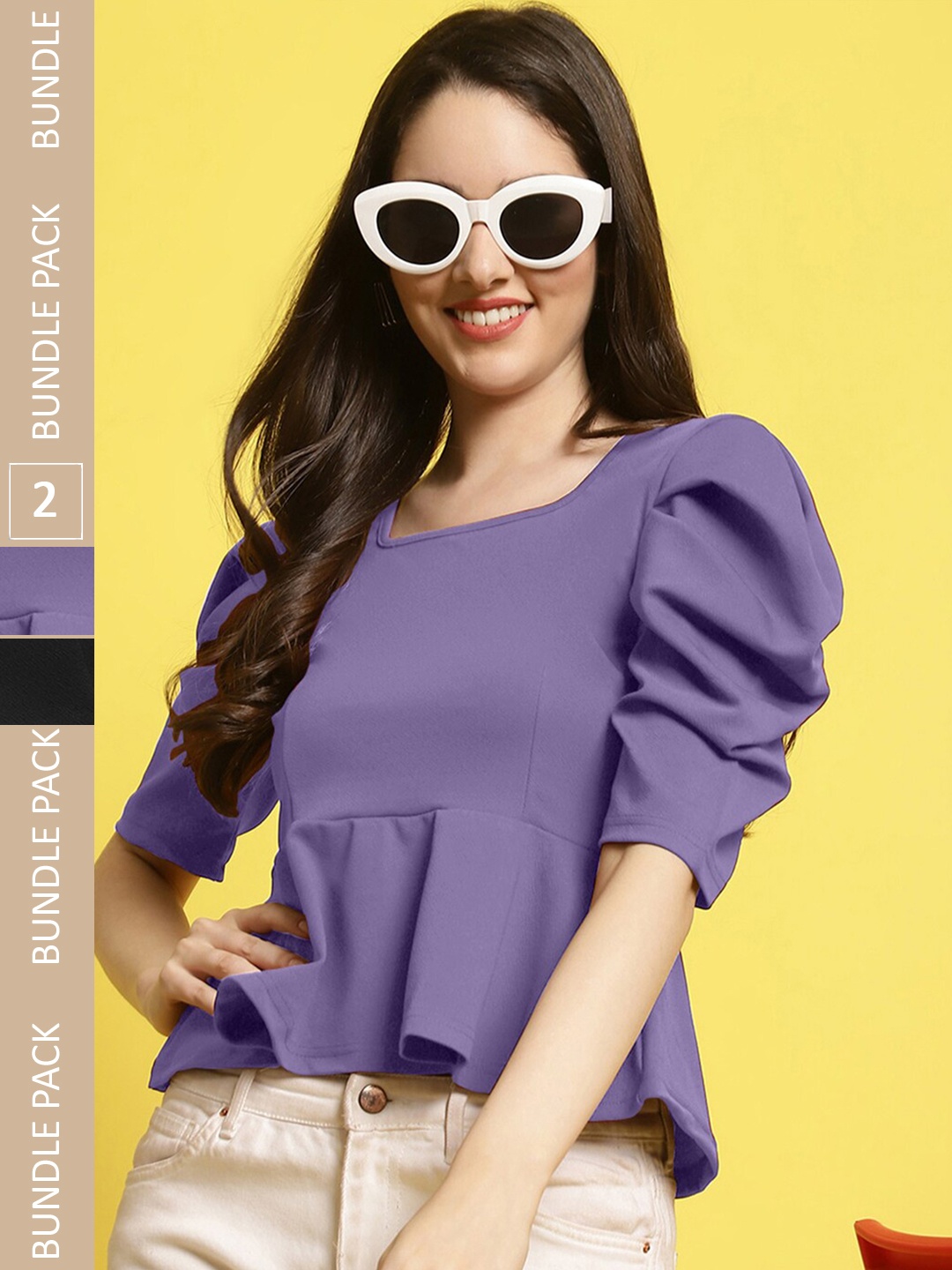 

Fabflee Pack of 2 Square Neck Puff Sleeves Top, Lavender