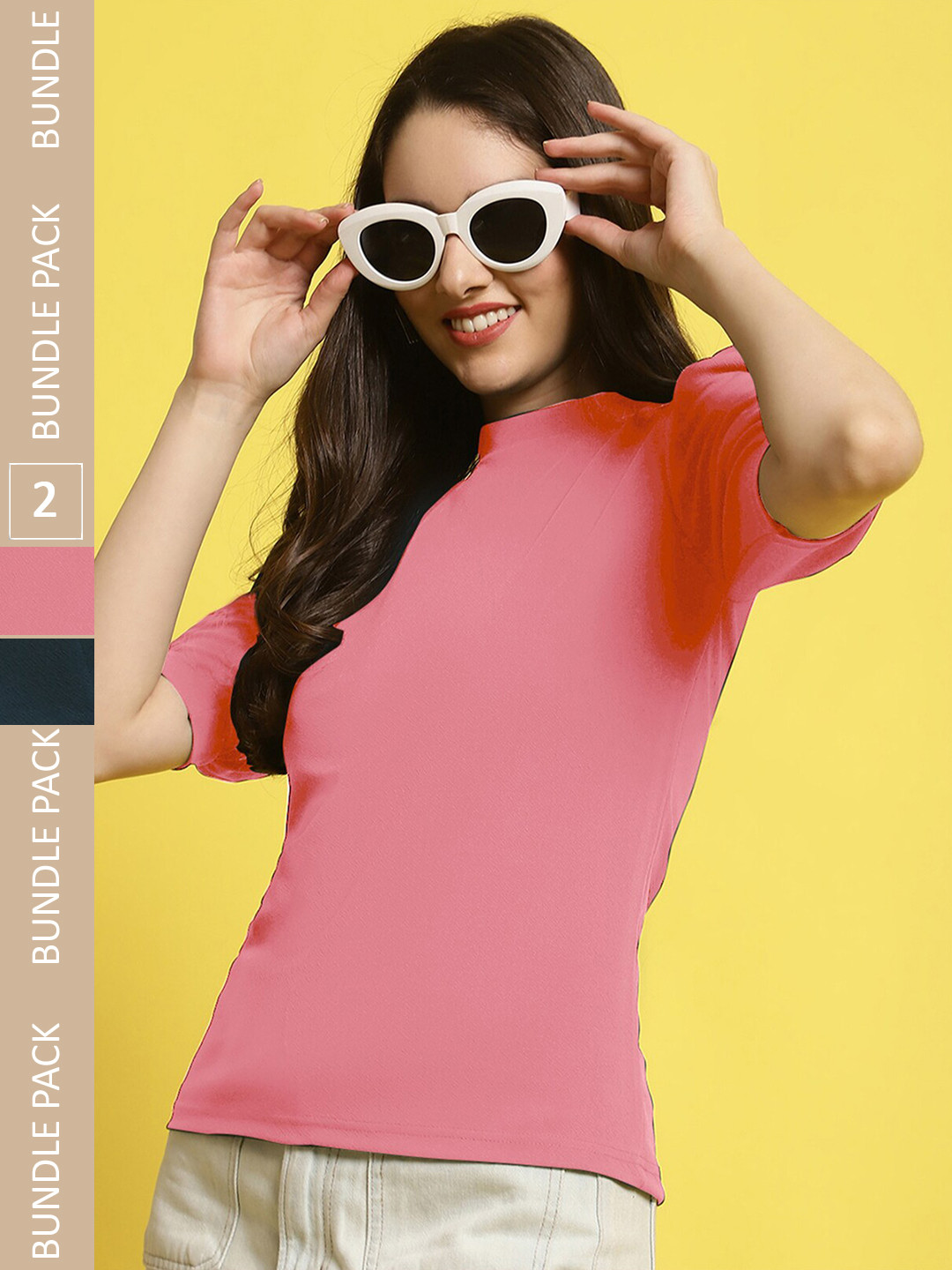 

Fabflee Pack Of 2 V-Neck Puff Sleeves Peplum Top, Pink