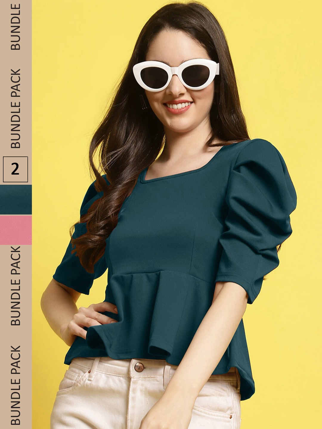 

Fabflee Pack Of 2 Square Neck Puff Sleeves Peplum Top, Green