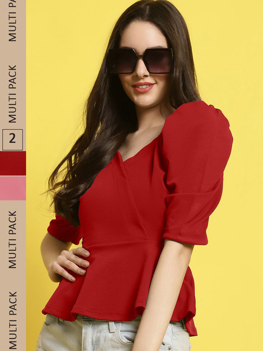 

Fabflee Pack Of 2 V-Neck Puff Sleeves Peplum Top, Red