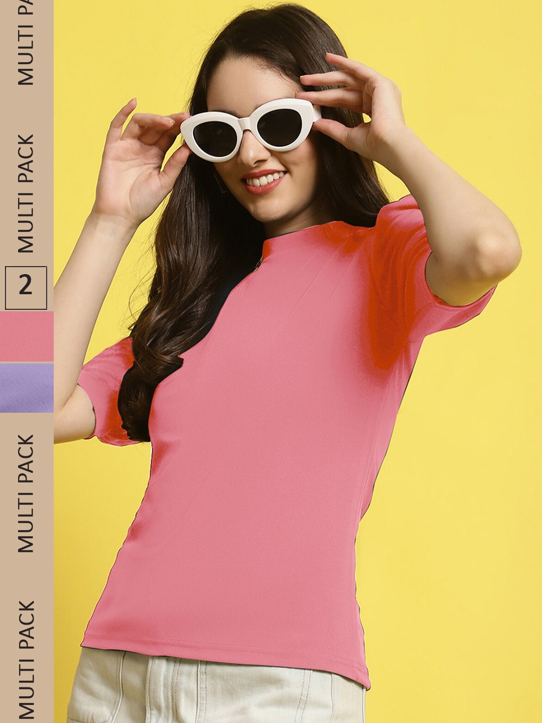 

Fabflee Pack Of 2 High Neck Puff Sleeves Top, Pink