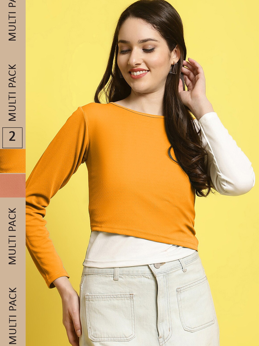 

Fabflee Pack of 2 Round Neck Top, Yellow