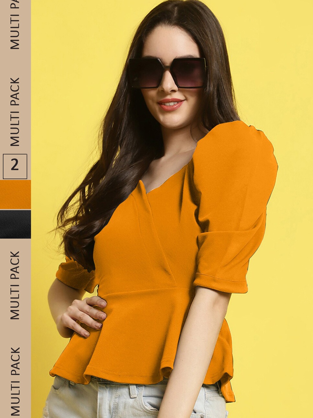 

Fabflee Pack of 2 V-Neck Puff Sleeves Top, Mustard