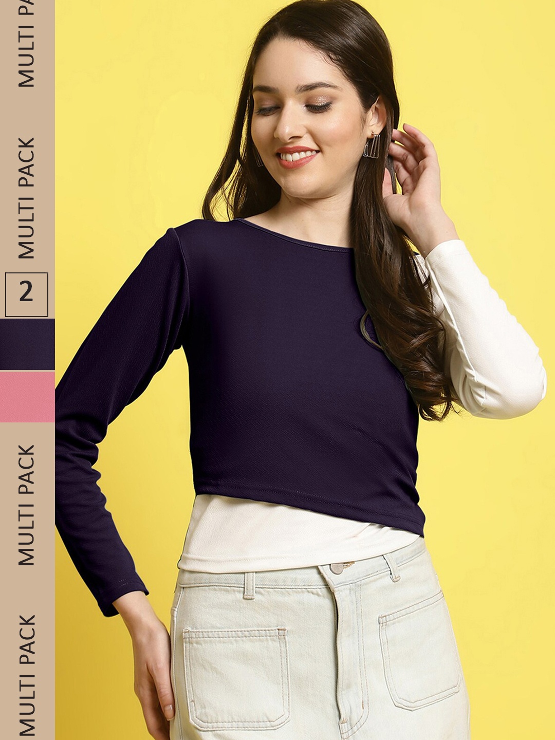 

Fabflee Pack of 2 High Neck Puff Sleeves Top, Black