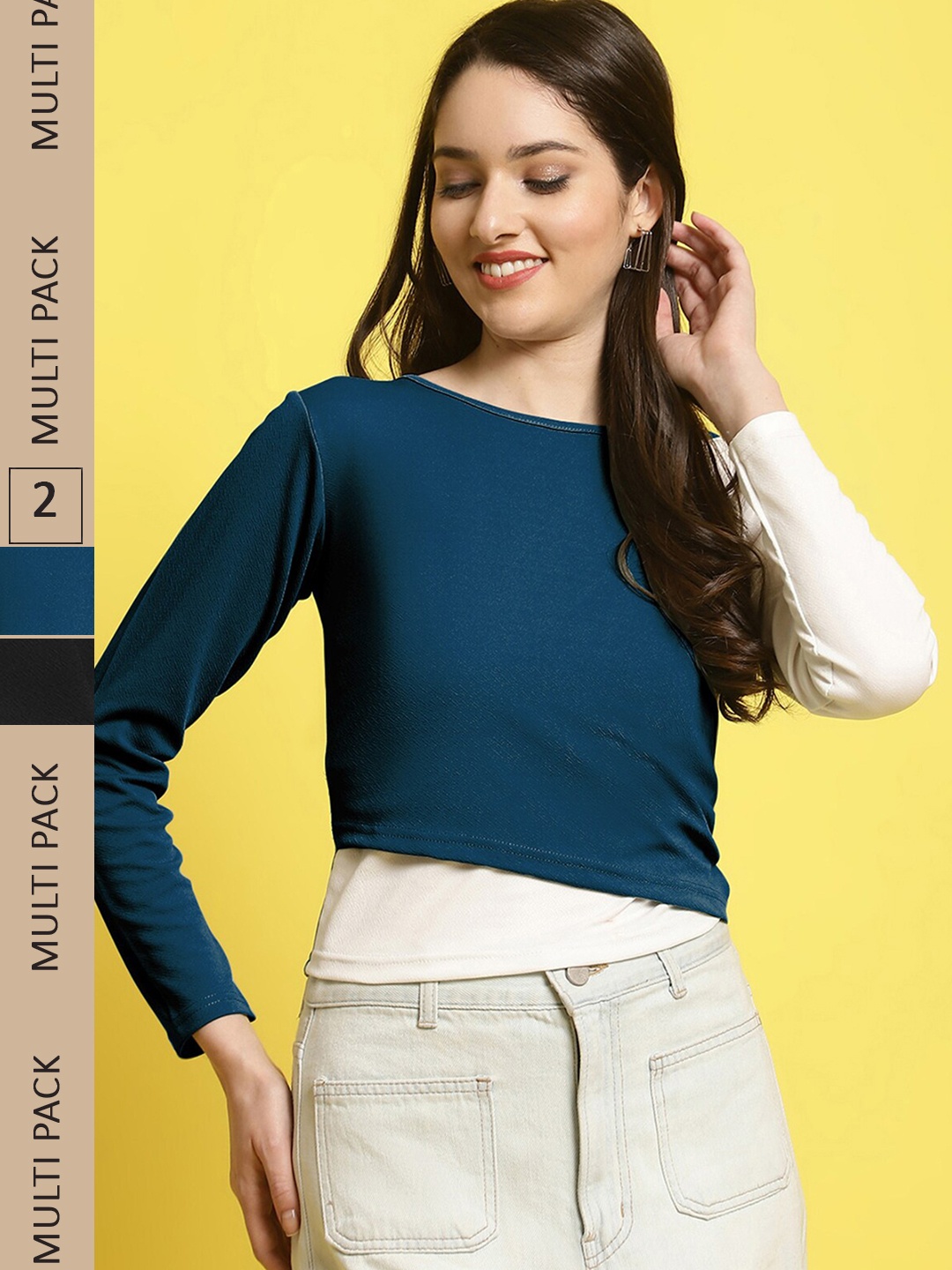 

Fabflee Pack of 2 Round Neck Puff Sleeves Top, Teal