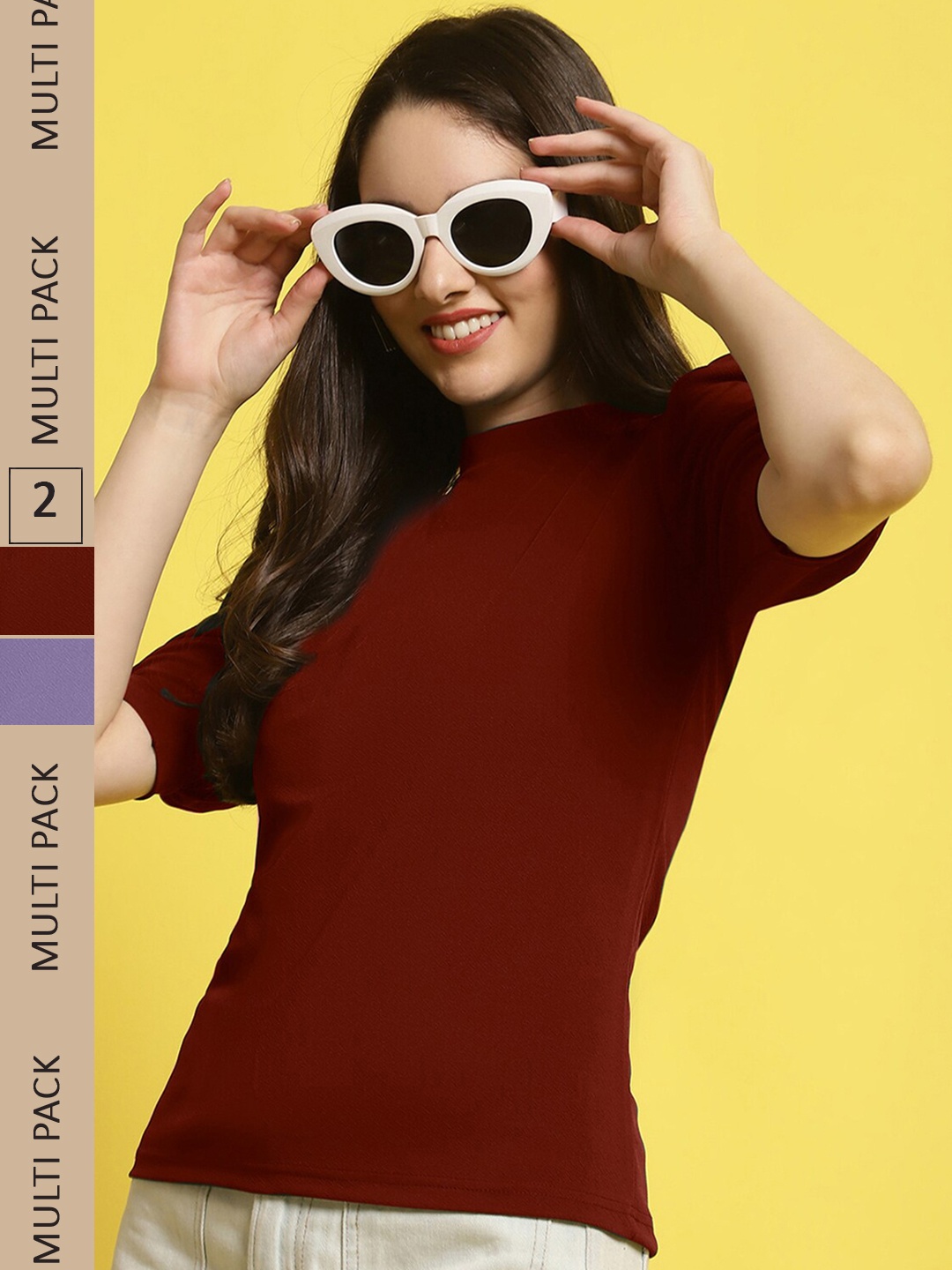 

Fabflee Pack of 2 High Neck Puff Sleeves Top, Maroon