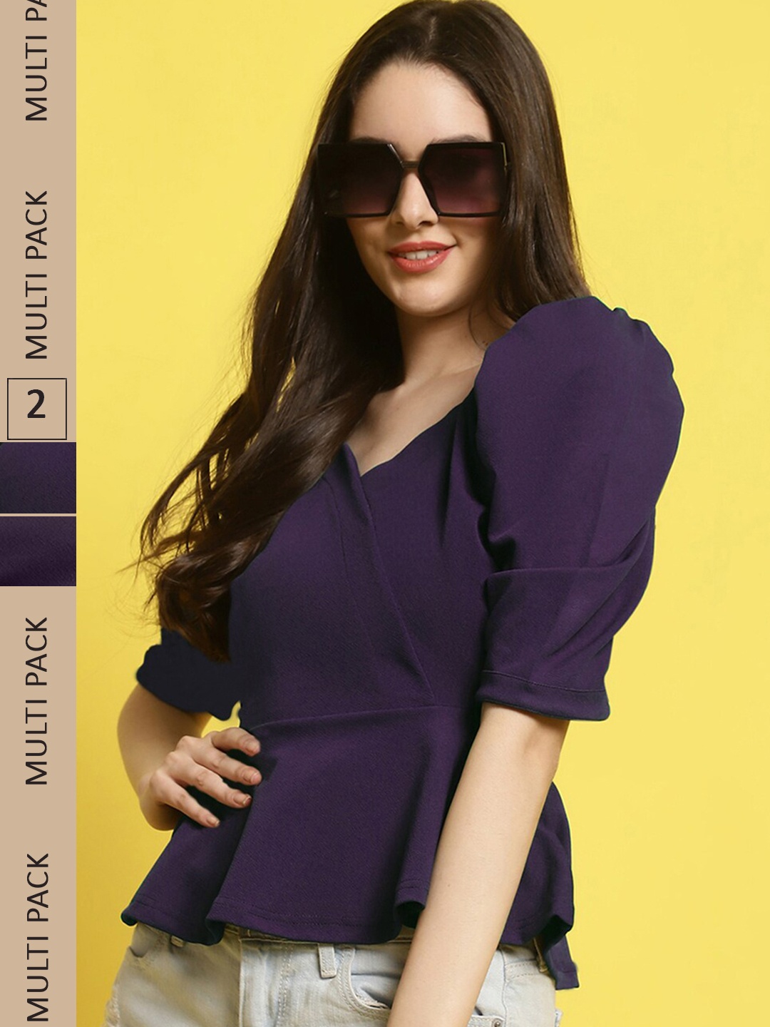 

Fabflee Pack Of 2 Puff Sleeves Peplum Top, Purple