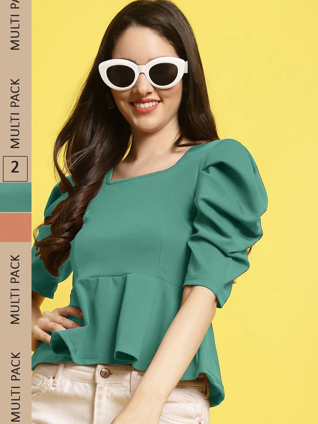 

Fabflee Pack Of 2 Square Neck Puff Sleeves Peplum Top, Green