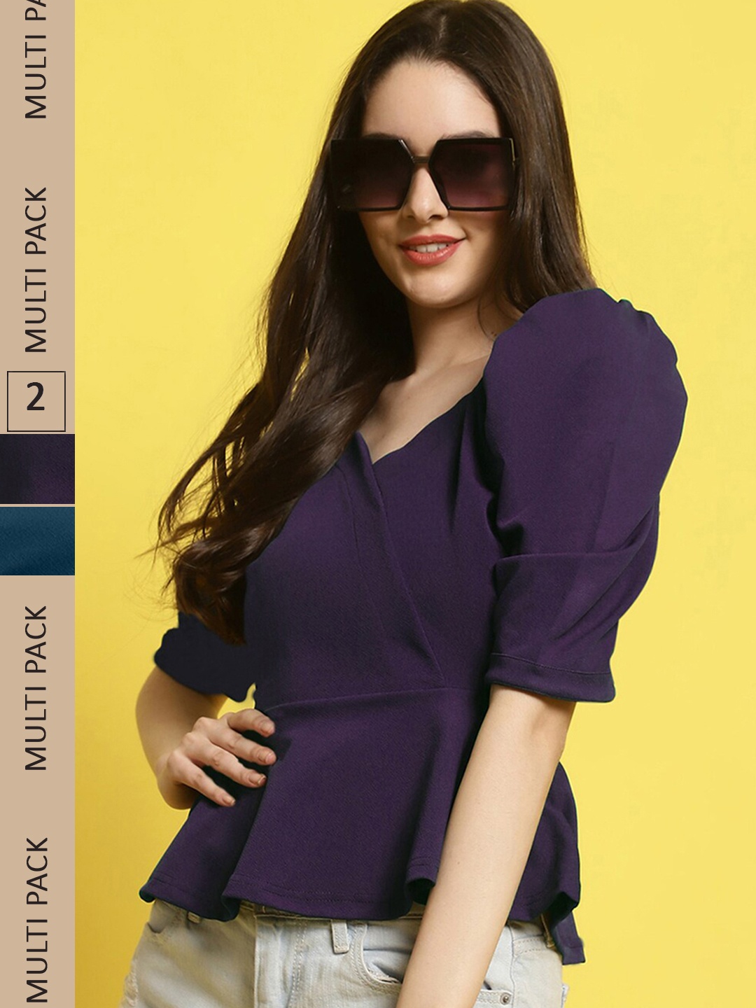 

Fabflee Pack Of 2 V-Neck Puff Sleeves Peplum Top, Purple