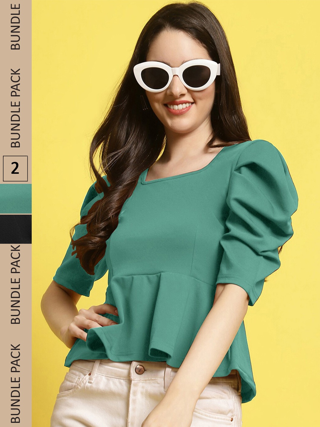 

Fabflee Pack Of 2 V-Neck Puff Sleeves Peplum Top, Green