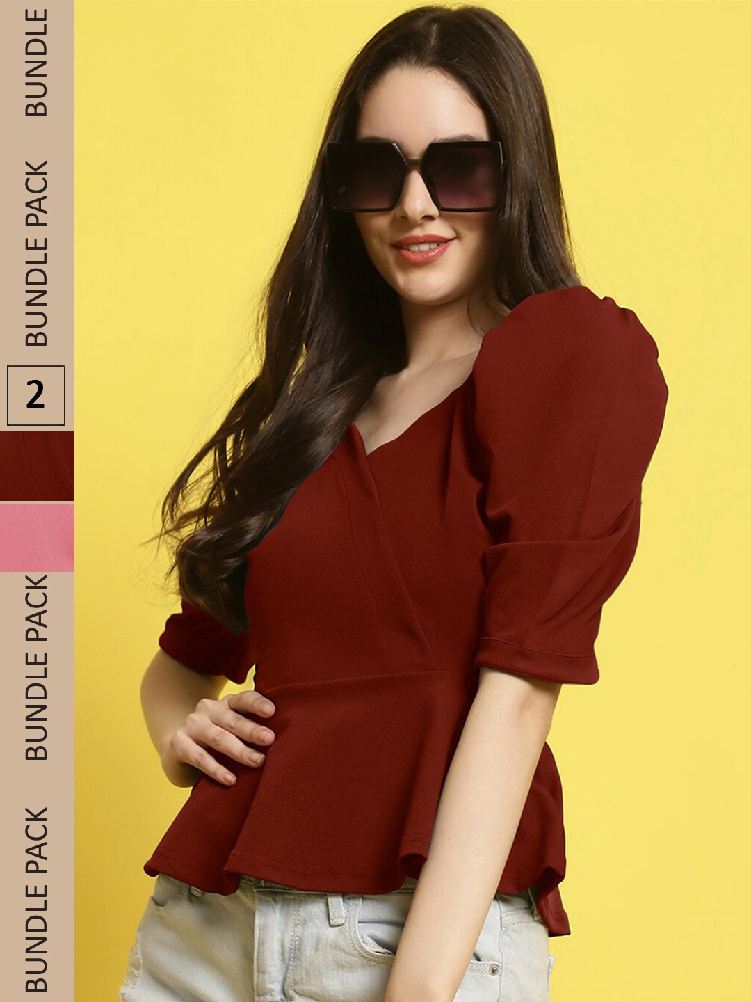 

Fabflee Pack Of 2 Square Neck Puff Sleeves Peplum Top, Maroon