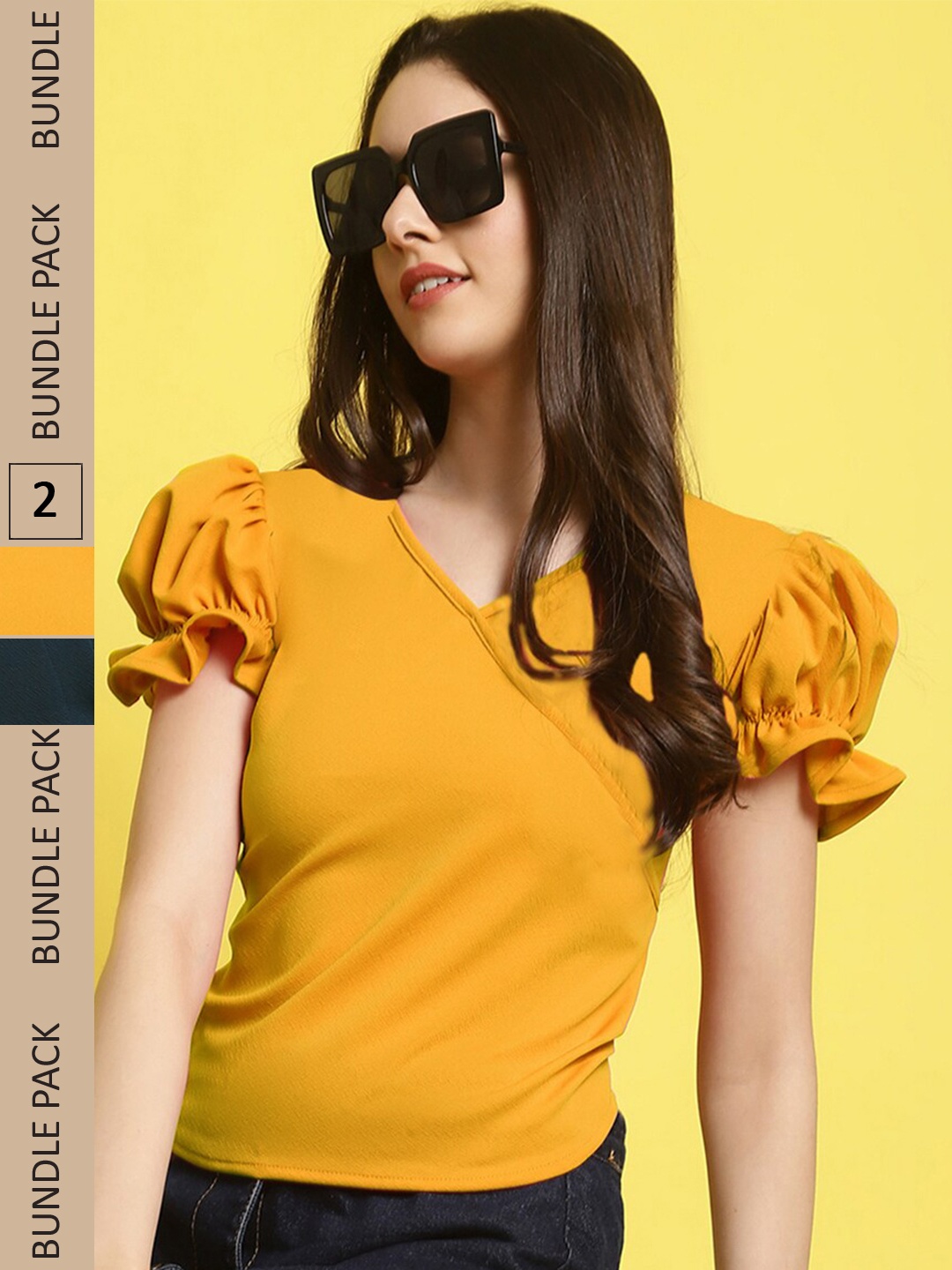 

Fabflee Pack Of 2 V-Neck Puff Sleeves Peplum Top, Mustard