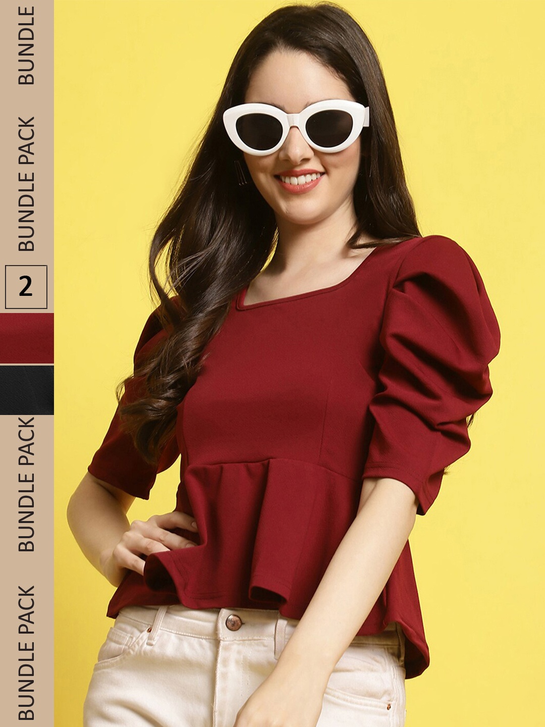 

Fabflee Pack Of 2 Square Neck Puff Sleeves Peplum Top, Maroon