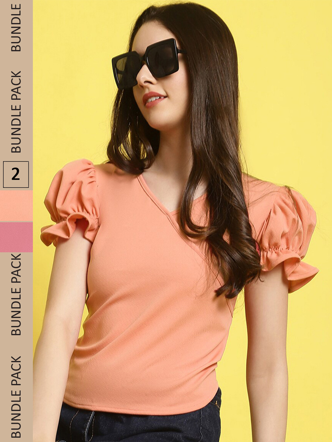 

Fabflee Pack of 2 V-Neck Puff Sleeve Top, Beige