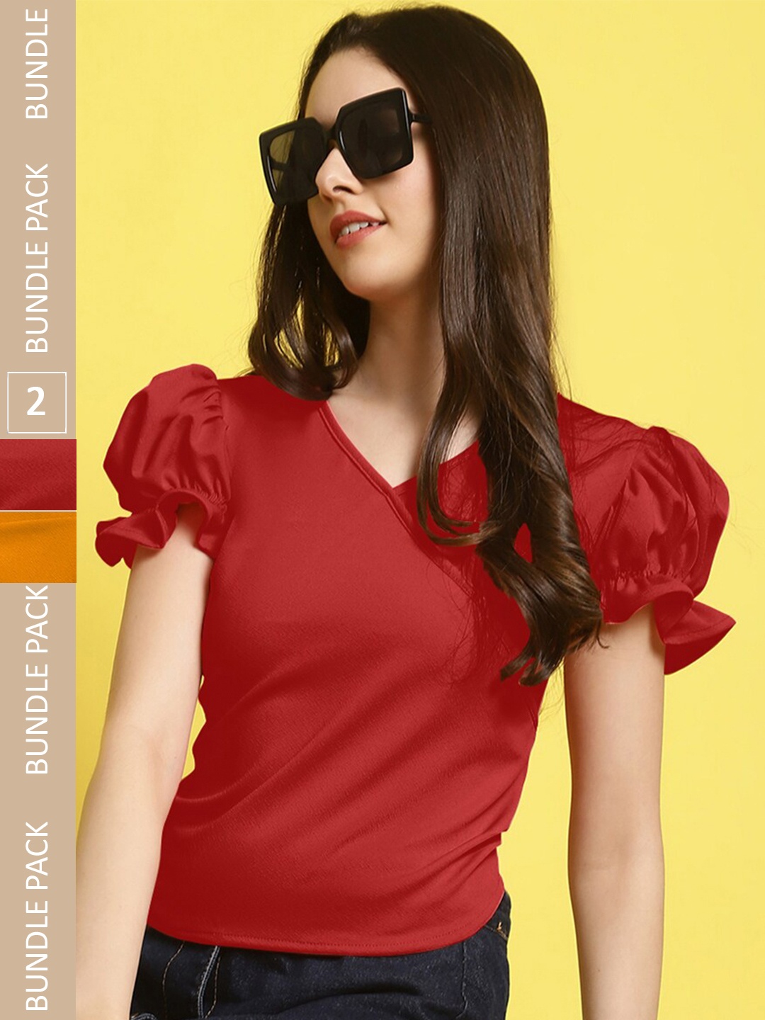 

Fabflee Pack of 2 V-Neck Puff Sleeves Top, Red