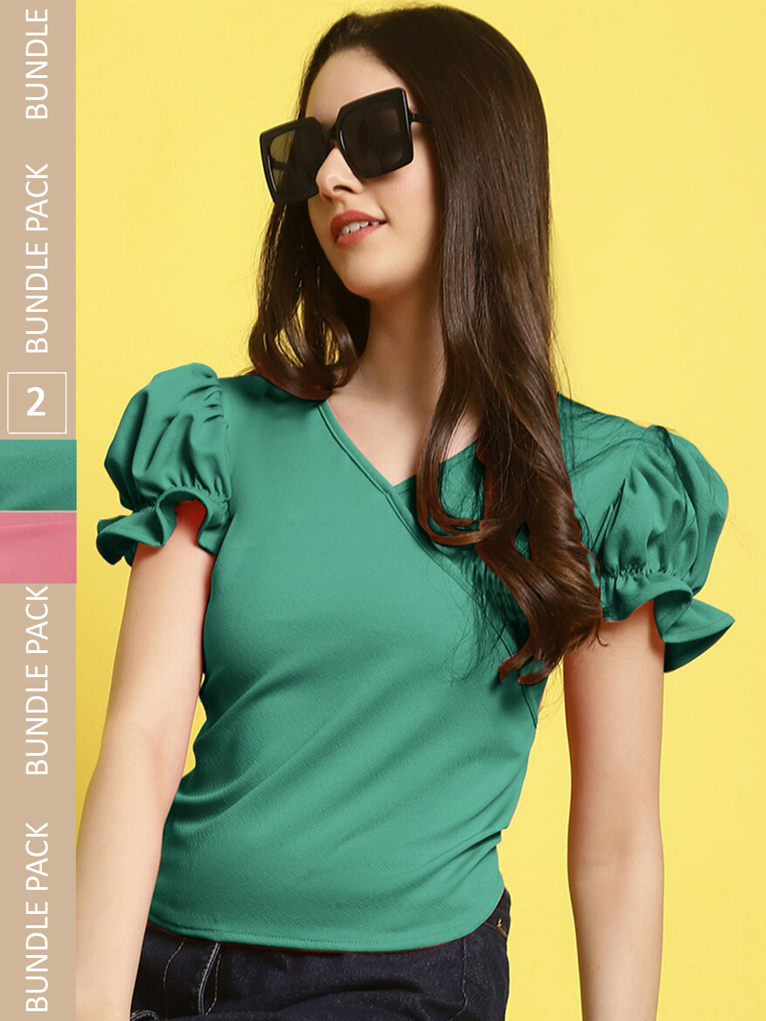 

Fabflee Pack of 2 V-Neck Puff Sleeves Top, Green